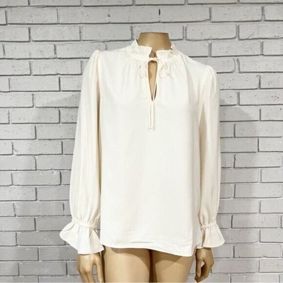 J.Crew Women’s Cream Ruffle Tie-Neck Blouse Size M | Long Sleeve Drapey Top - Picture 10 of 12